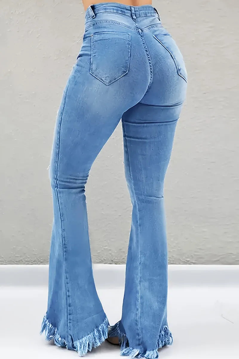 Women's Stylish Distressed Flared Jeans With Fringed Hem