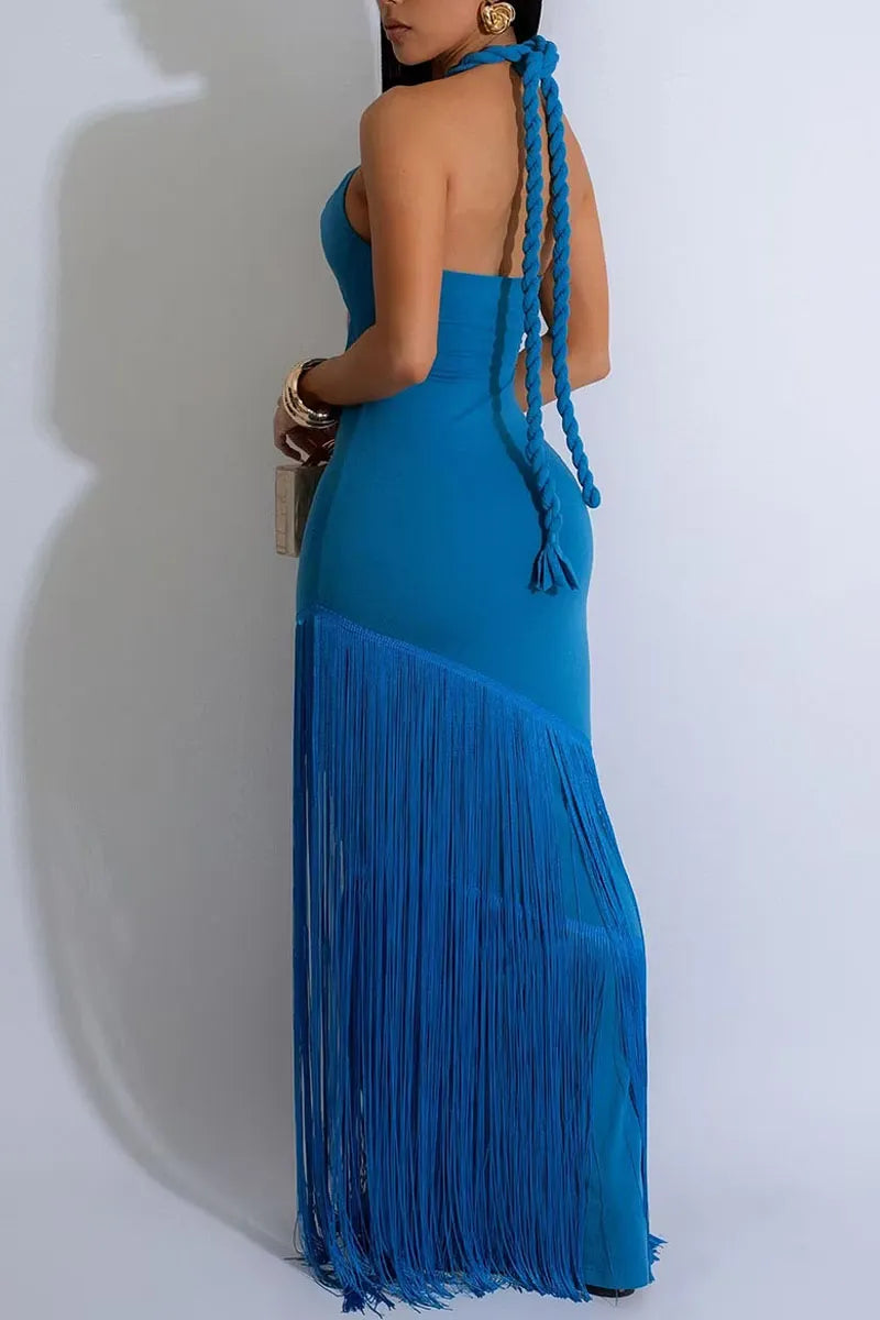 Women's Blue Halter Neck Cutout Bodycon Maxi Dress With Fringe