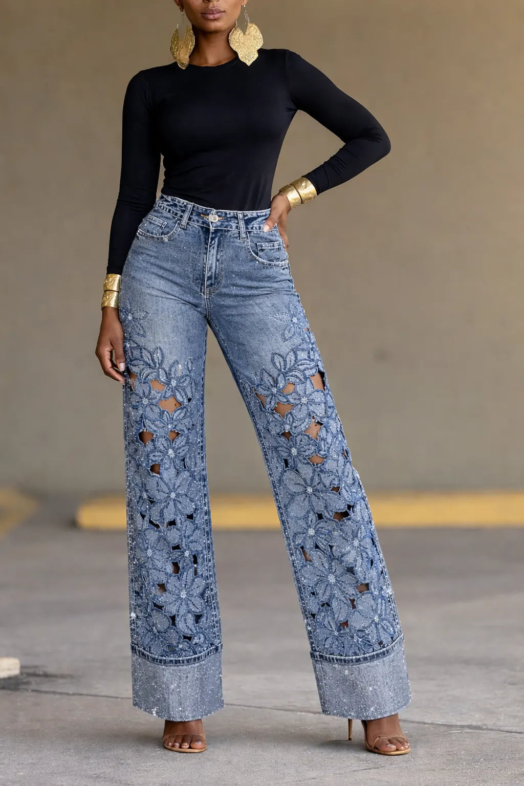 Women's Denim Jeans with Floral Cutouts, Cuffed Hems, and Rhinestone Embellishments