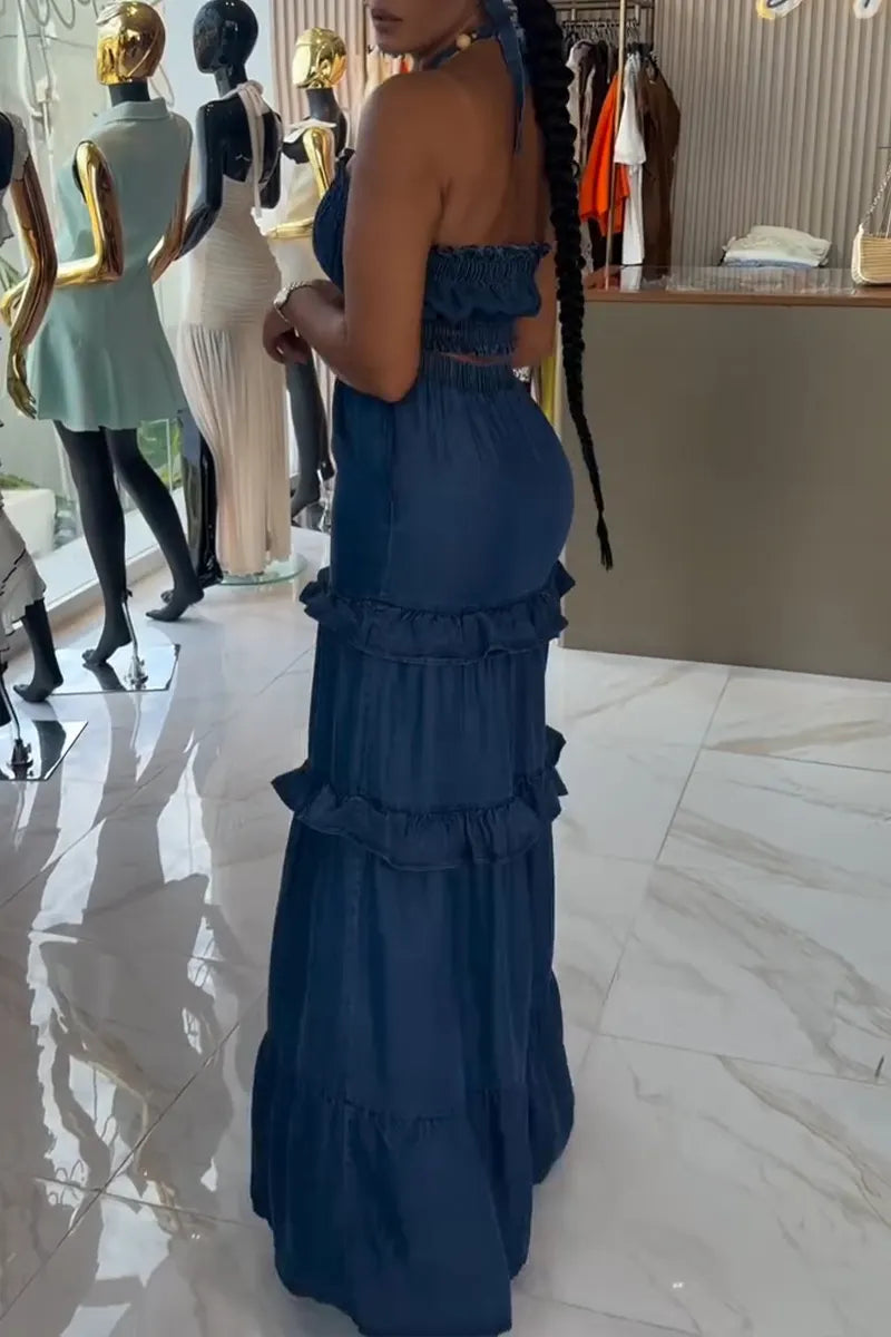 Women's Casual Halter Denim Vest or Flounce Panel Skirt