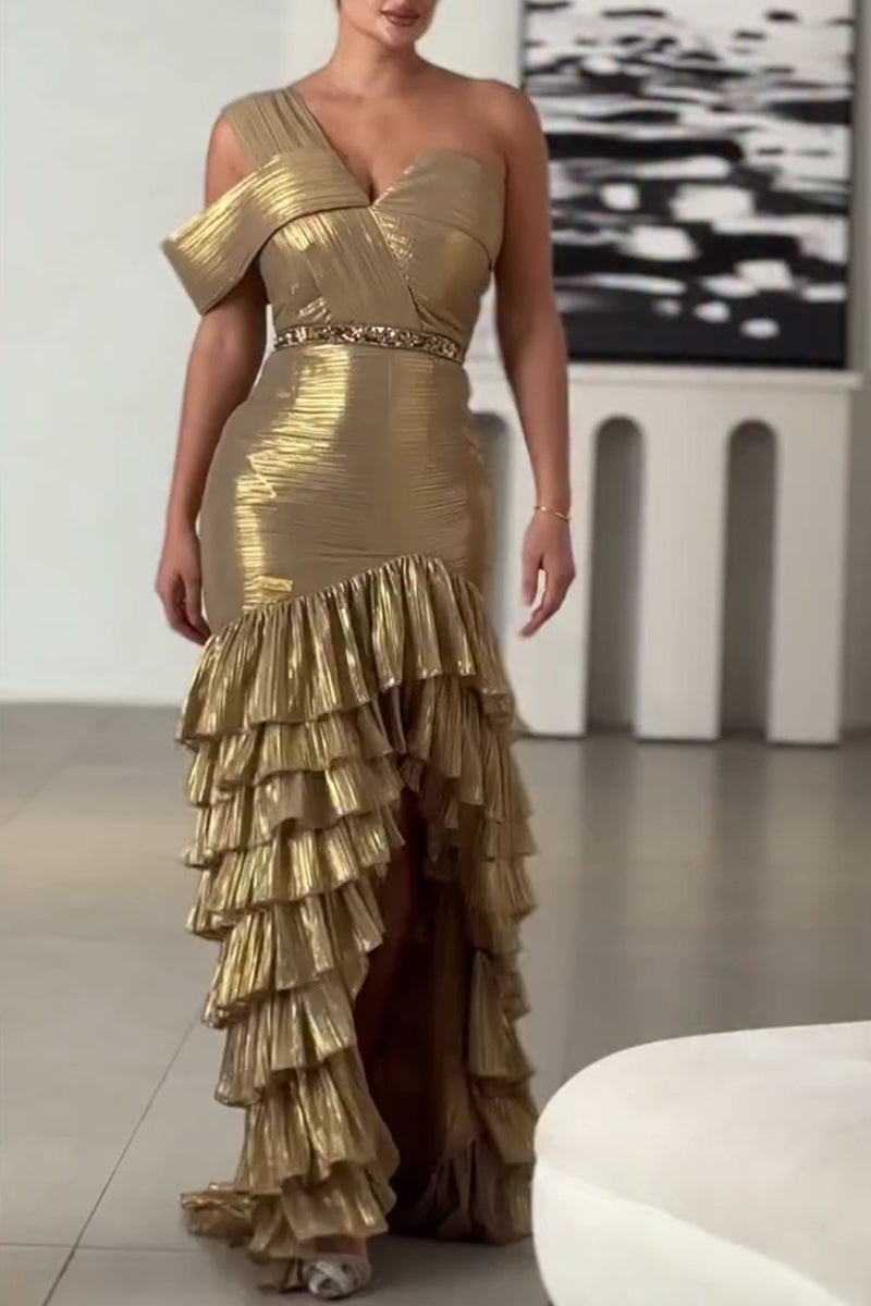 Women's Elegant One-Shoulder Sleeve Metallic Tiered Ruffle Hem Gown Dress