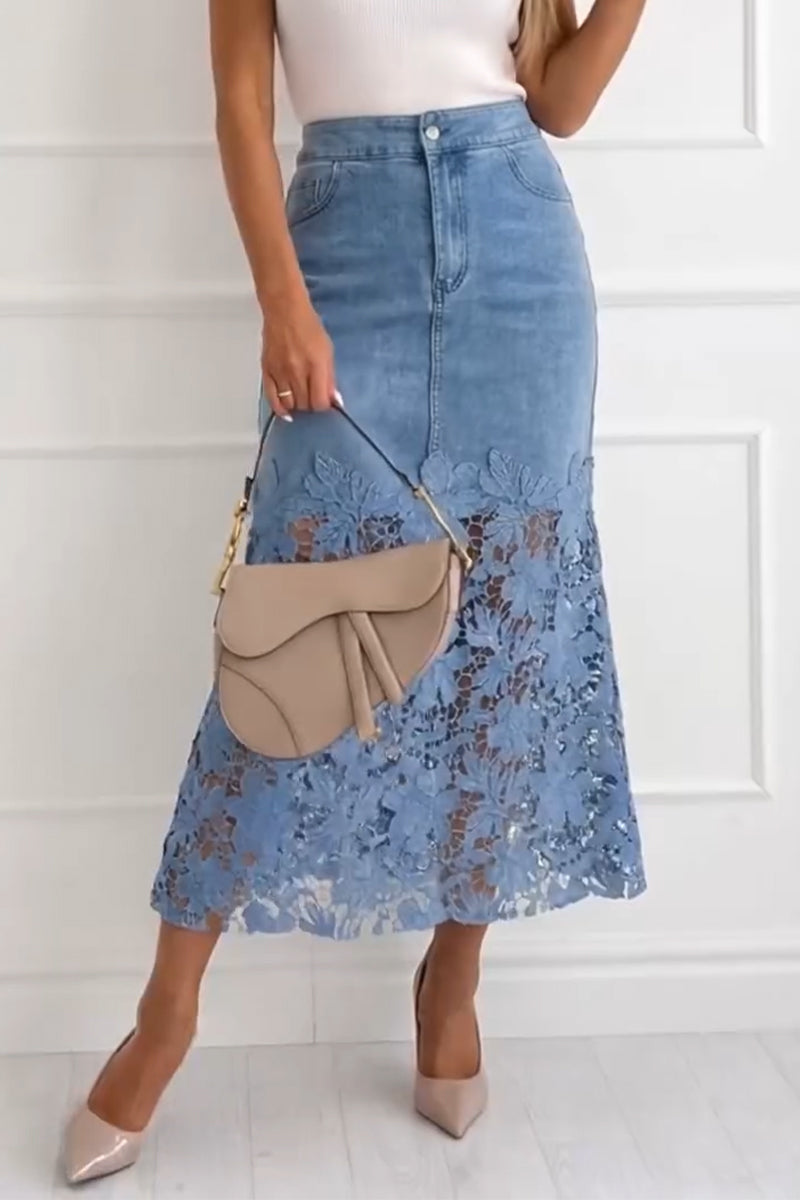 Women's Pattern Hollow Splicing Elegant Casual Denim Half Skirt