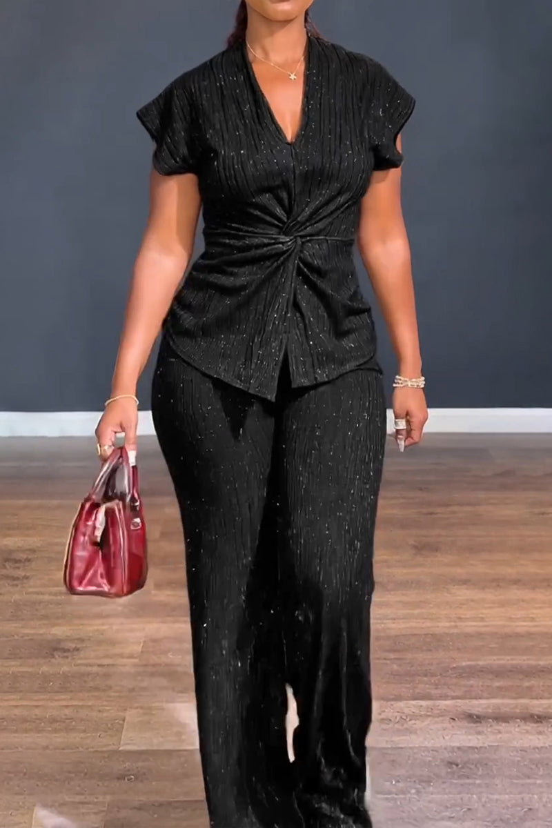 Women's Casual V-Neck Shiny Fine Sequins Top Pants Two-Piece Set