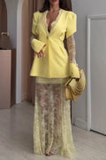 Women V-neck Patchwork Lace Blazer + Half Skirt Elegant Temperament Formal Suit