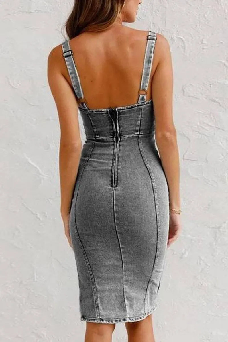Ladies Vintage U Neck Sleeveless Denim Dress