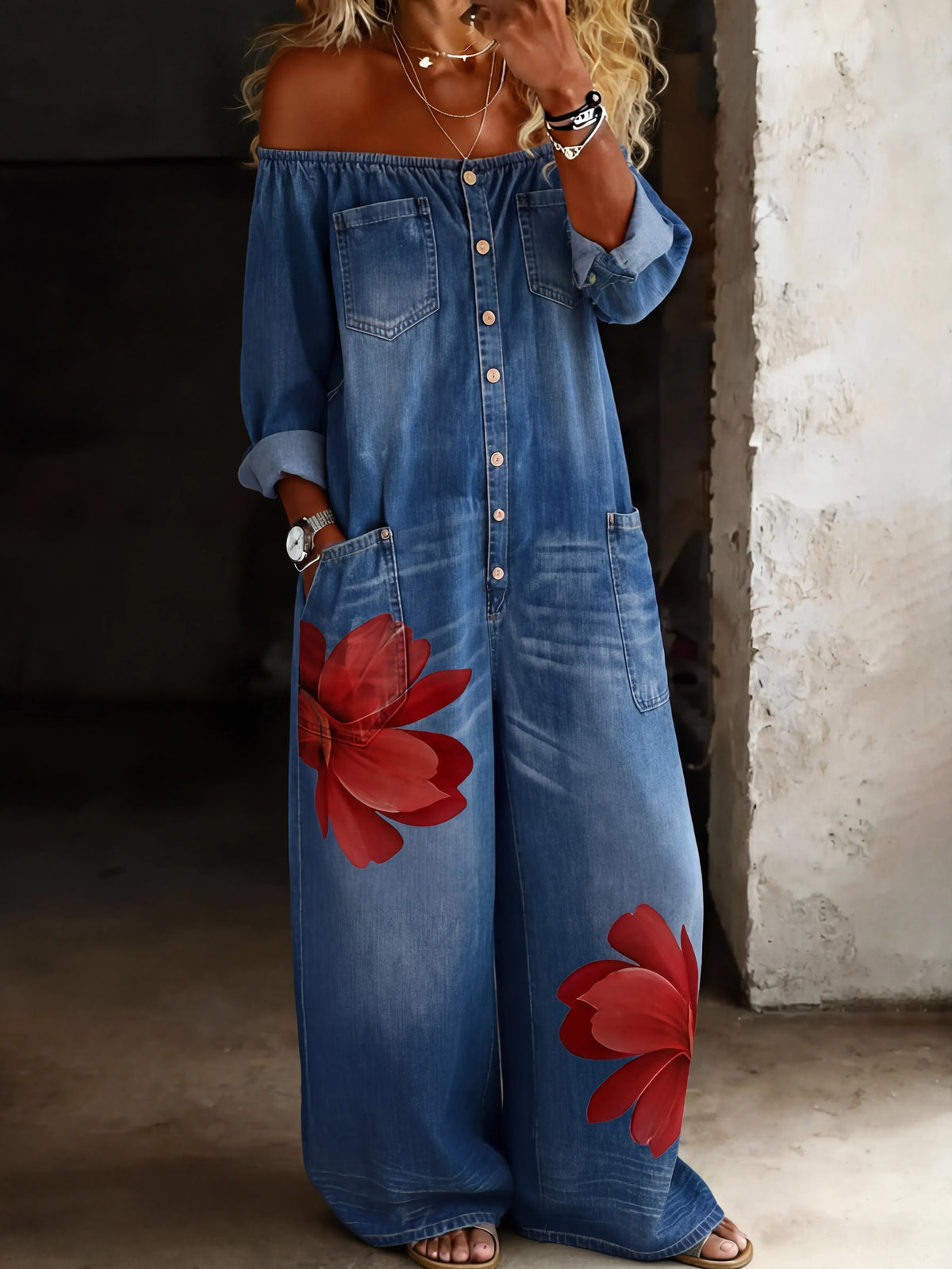 Casual And Stylish Off-the-shoulder Button-down Long-sleeve Denim Jumpsuit With Pockets
