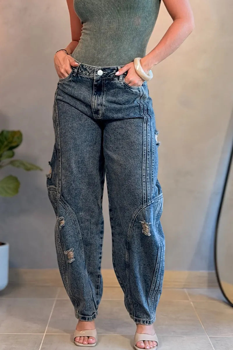 Women's Casual Ripped Wash Loose Curved Patchwork Jeans