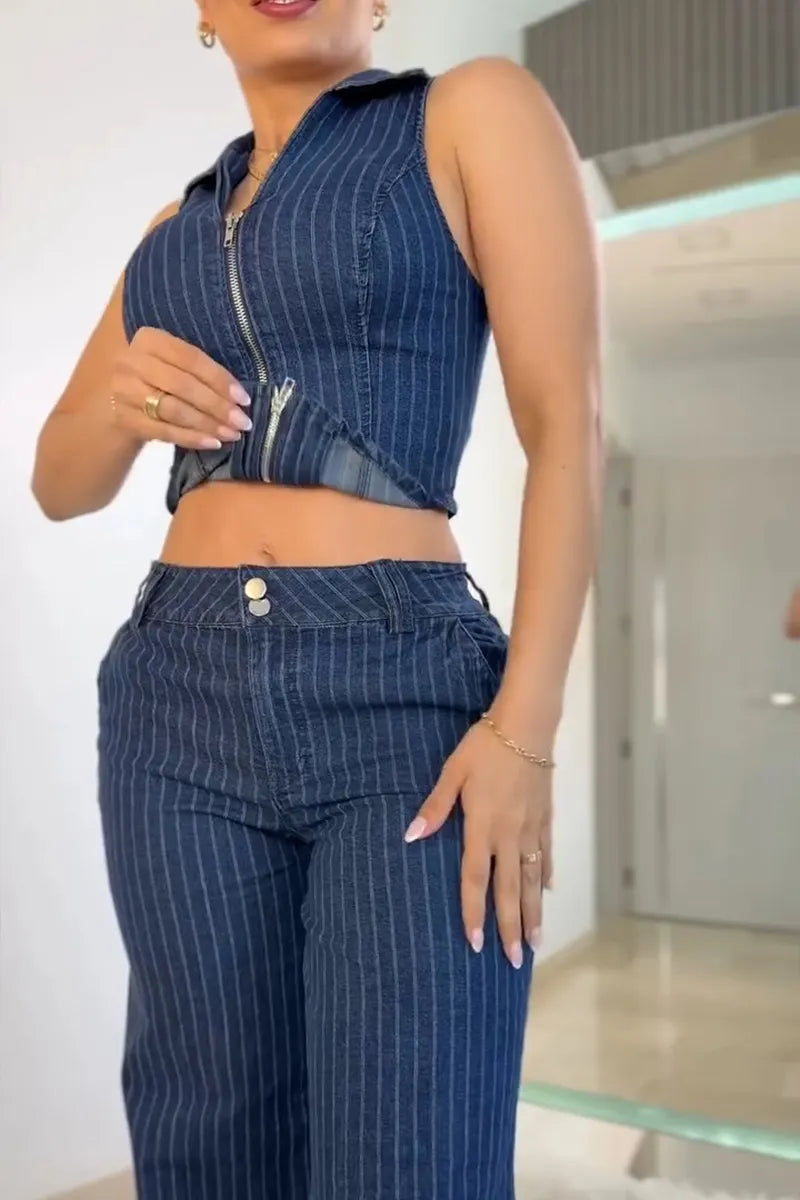 Women's Casual Stripe Zipper Vest or Wide Leg Jeans