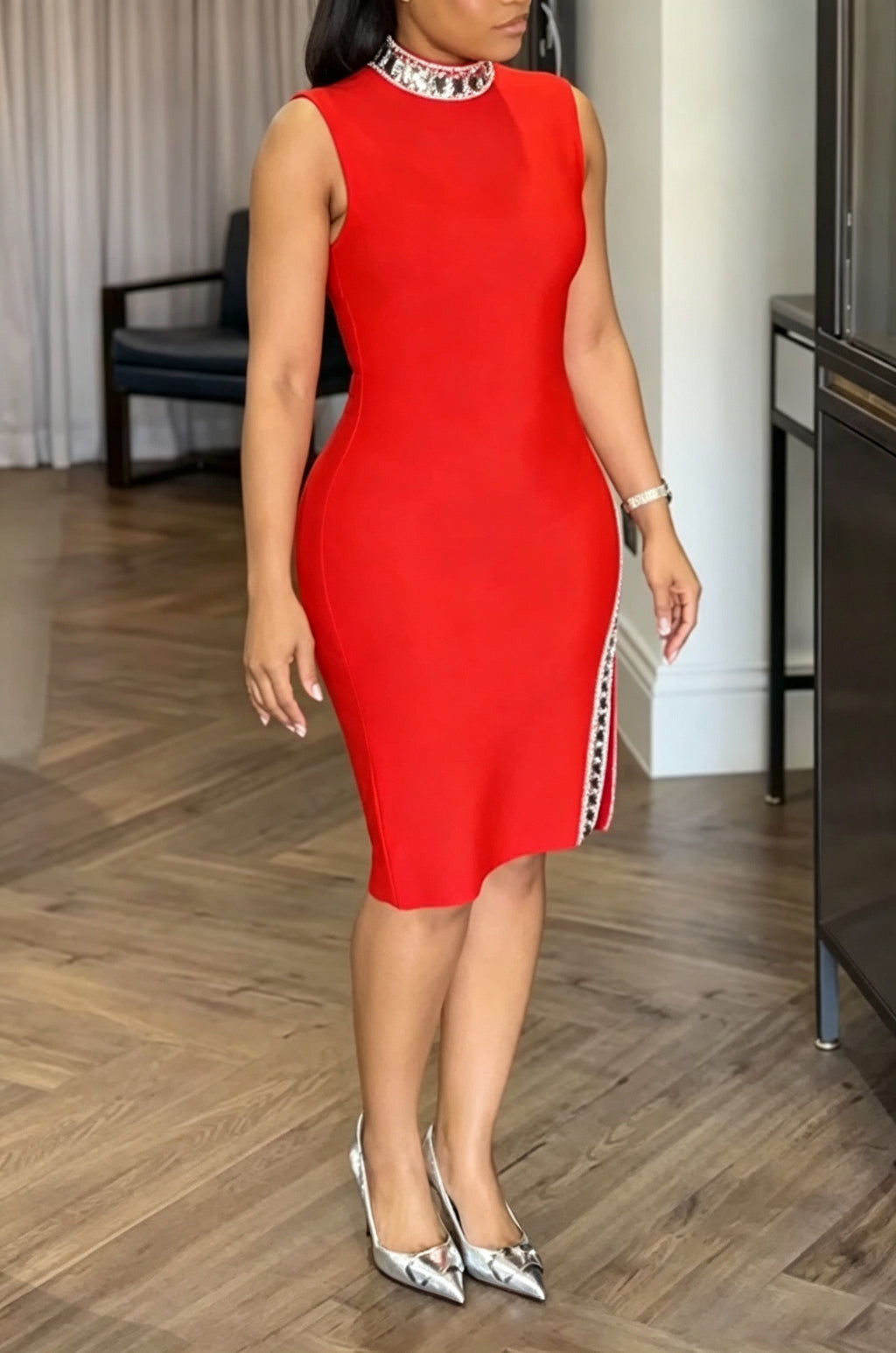 Women's Urban Commuter Rhinestone Decoration Midi Dress