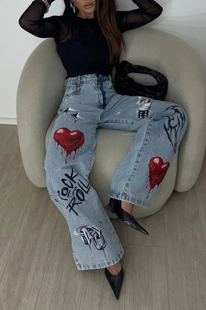 Women's Fashion Pattern Print Wide Leg Jeans