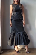 Women's Round Neck Sleeveless Waist Cinched Top+ Half Skirt Solid Color Elegant Temperament Set