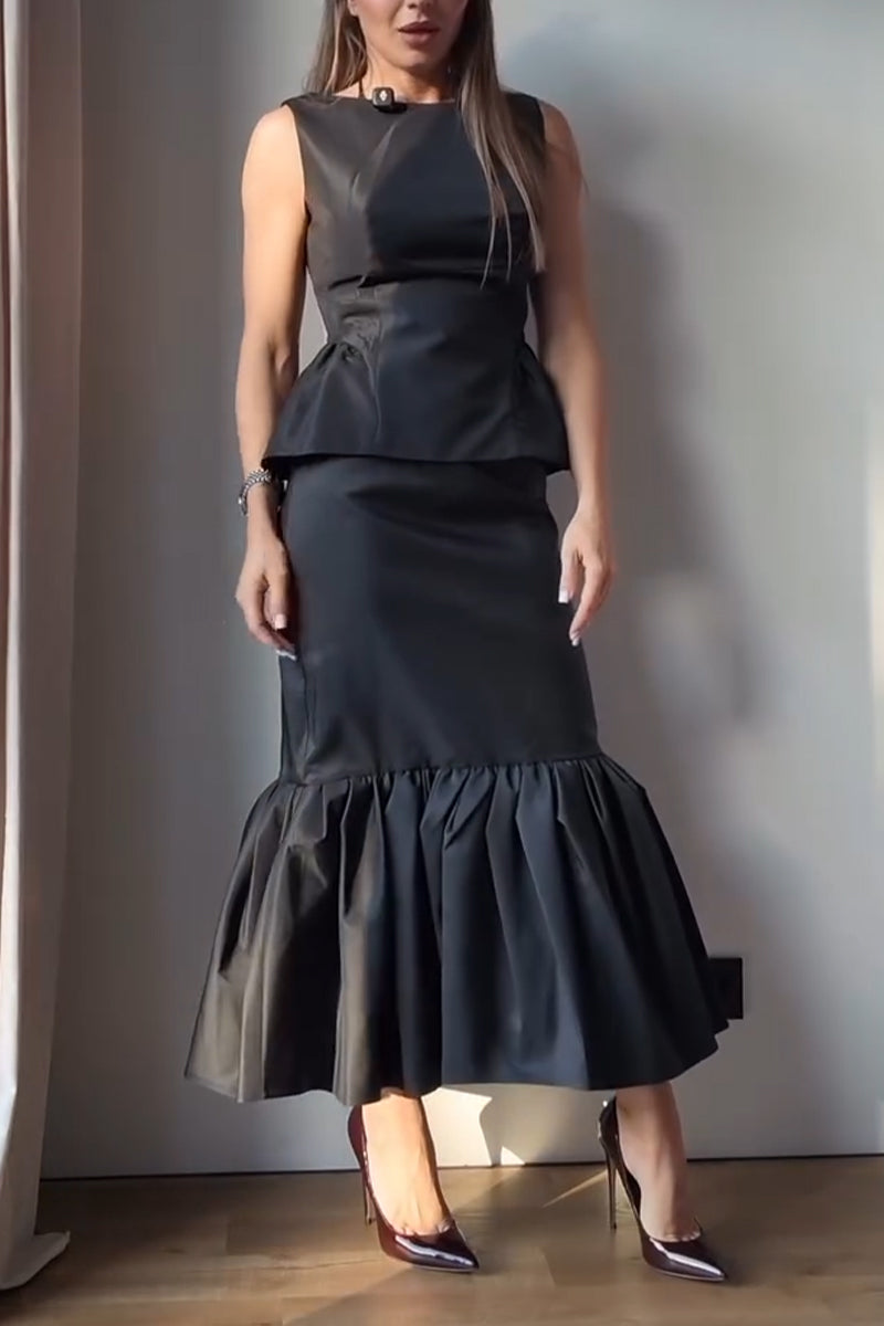 Women's Round Neck Sleeveless Waist Cinched Top+ Half Skirt Solid Color Elegant Temperament Set