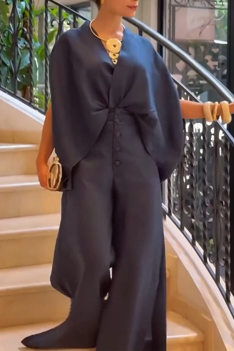 Women's V-neck Top and Pants Solid Color Casual Suit