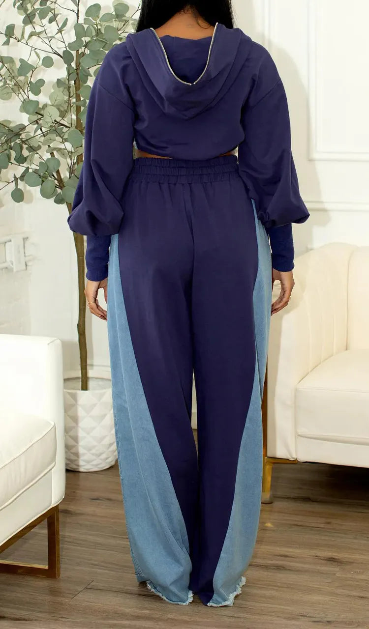 Women Collared Patchwork Denim Casual Suit
