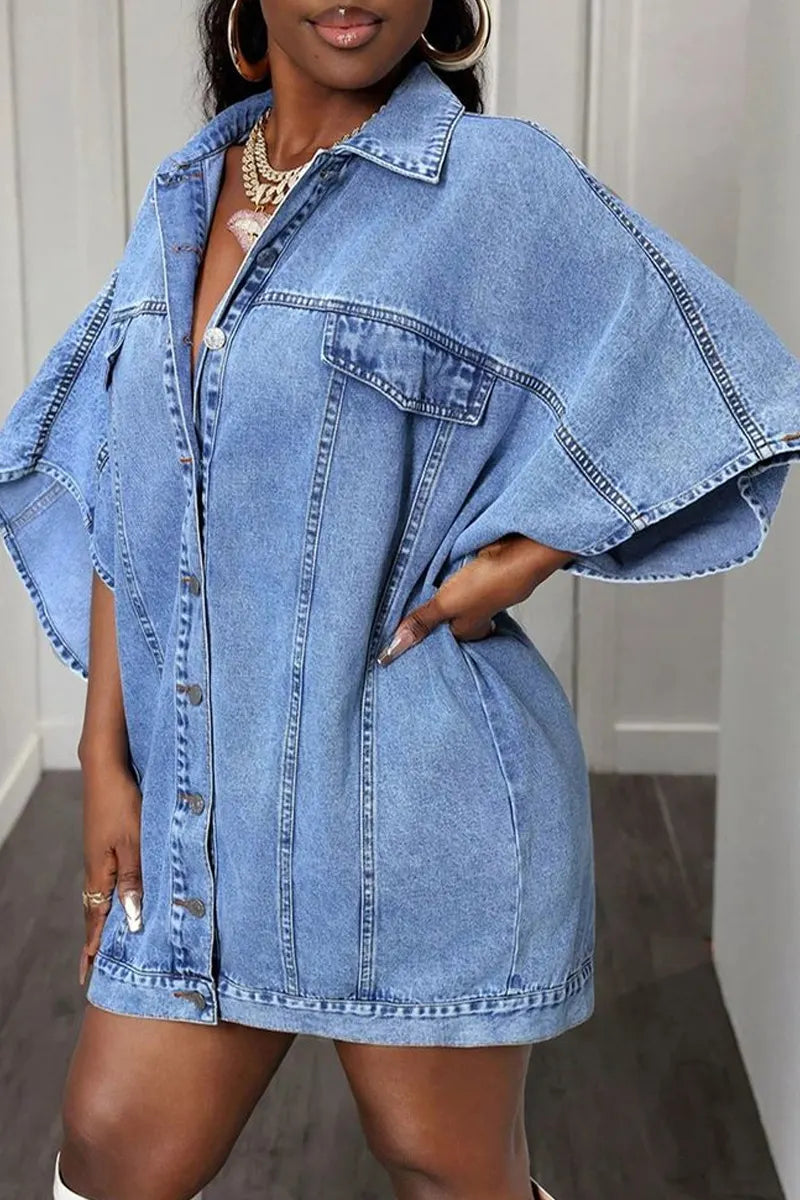 Women Casual Oversized Batwing Short Sleeve Button Down Denim Shirt Mini Dress