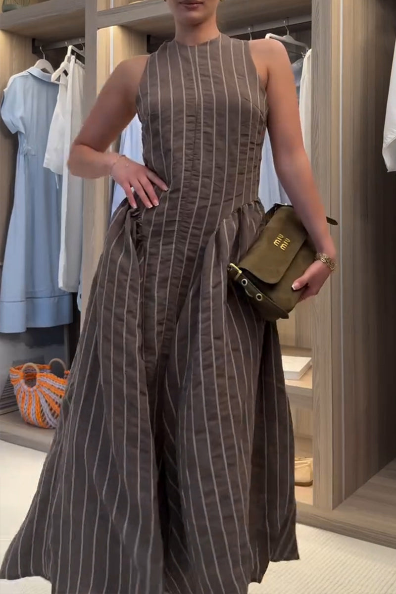Women's Casual Side Pleated Stripe Maxi Dress