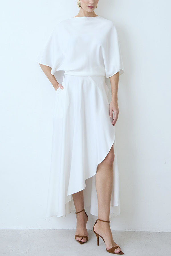 Satin Wrap Asymmetric Maxi Dress | Half-Sleeve Draped Silhouette