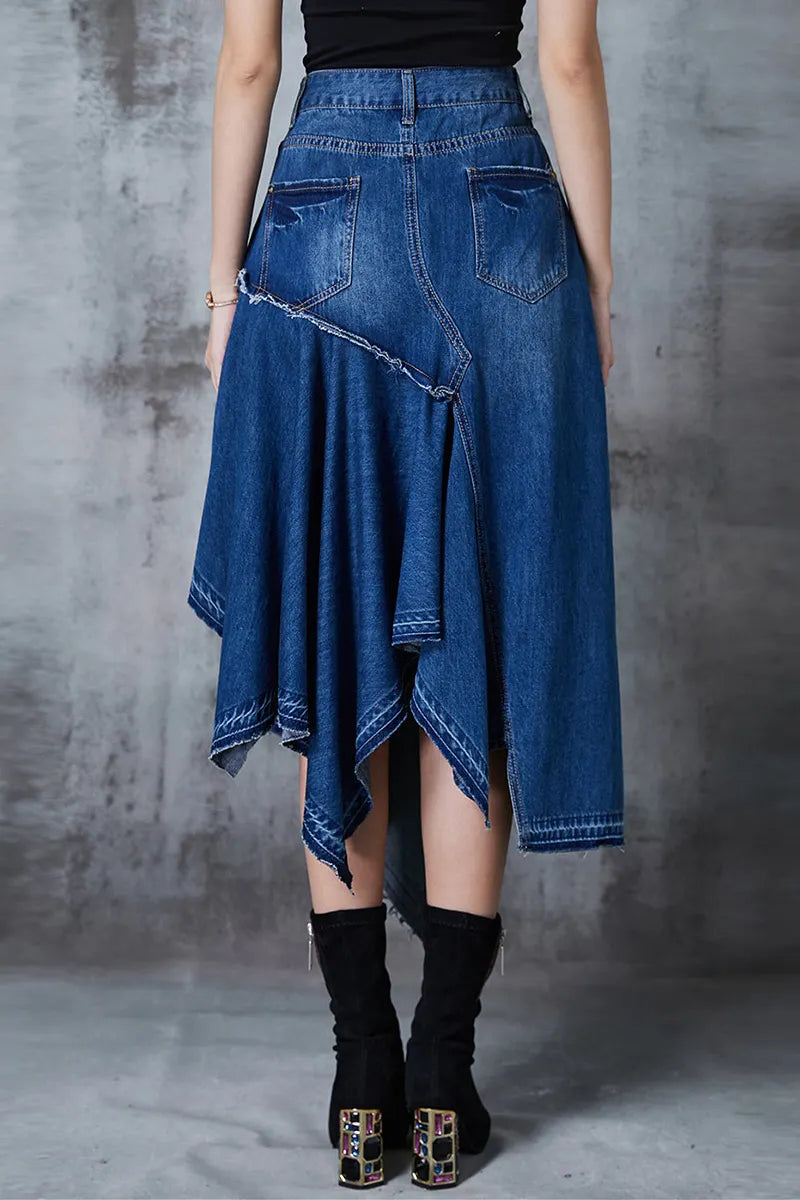 Women Vintage Wash Deconstructed Patchwork Hanky Hem Denim Skirt