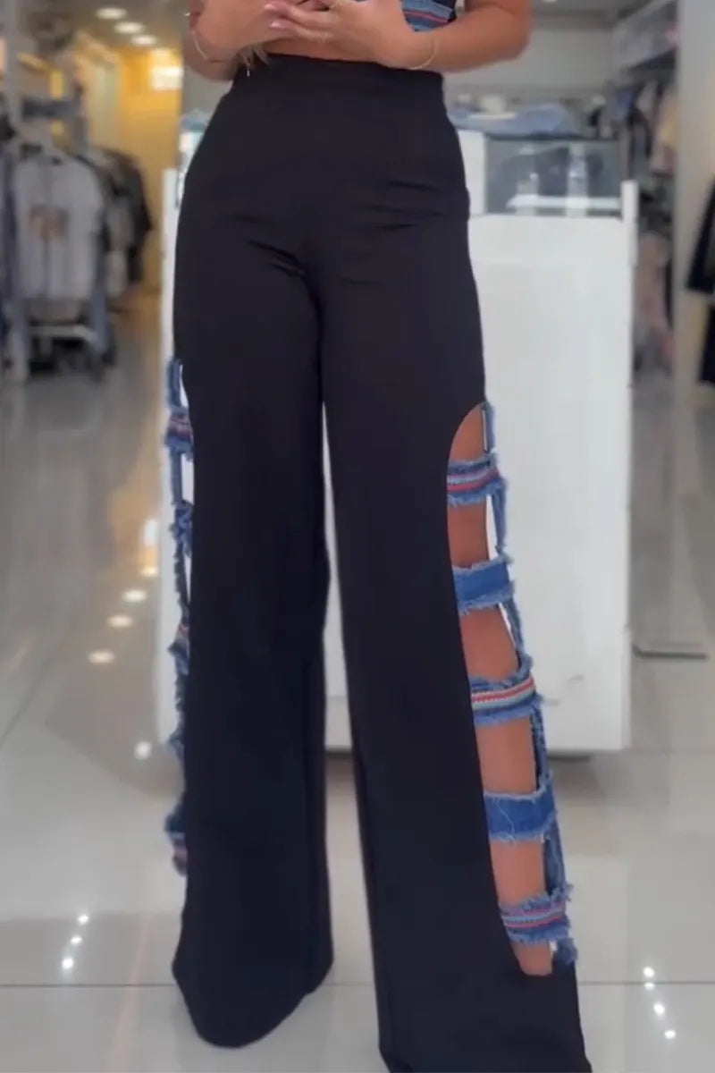Women U-neck Spliced Denim Top+ Side Hollowed Out Spliced Denim Pants Casual Set