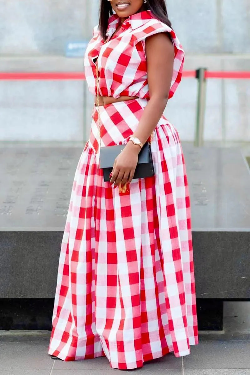 Women's Collar Plaid Top+ Half Skirt Elegant Casual Set