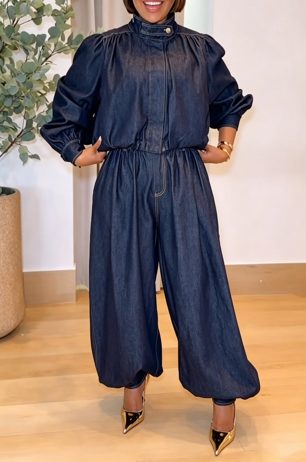 Women's Casual Puff Sleeve Denim Jacket or Loose Elastic Cuff Jeans