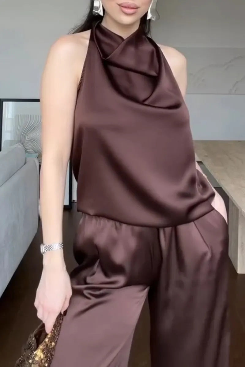 Women's Elegant Drape Satin Vest Pants Two-Piece Set