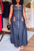 Women U-neck Zipper Casual Denim Maxi Dresses
