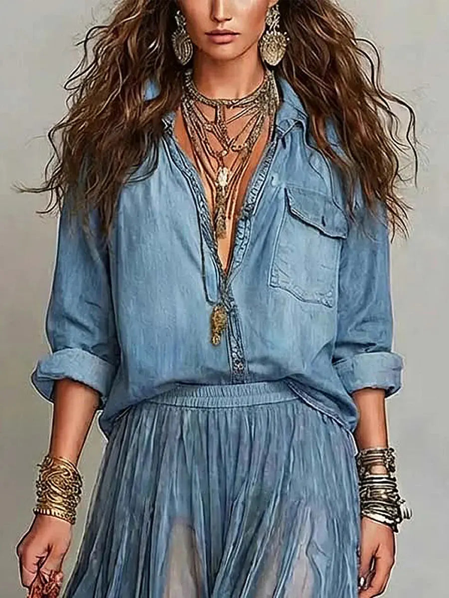 Women's Retro Lapel Art Casual Long Sleeve Denim Shirt