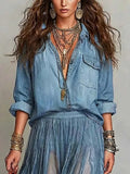 Women's Retro Lapel Art Casual Long Sleeve Denim Shirt