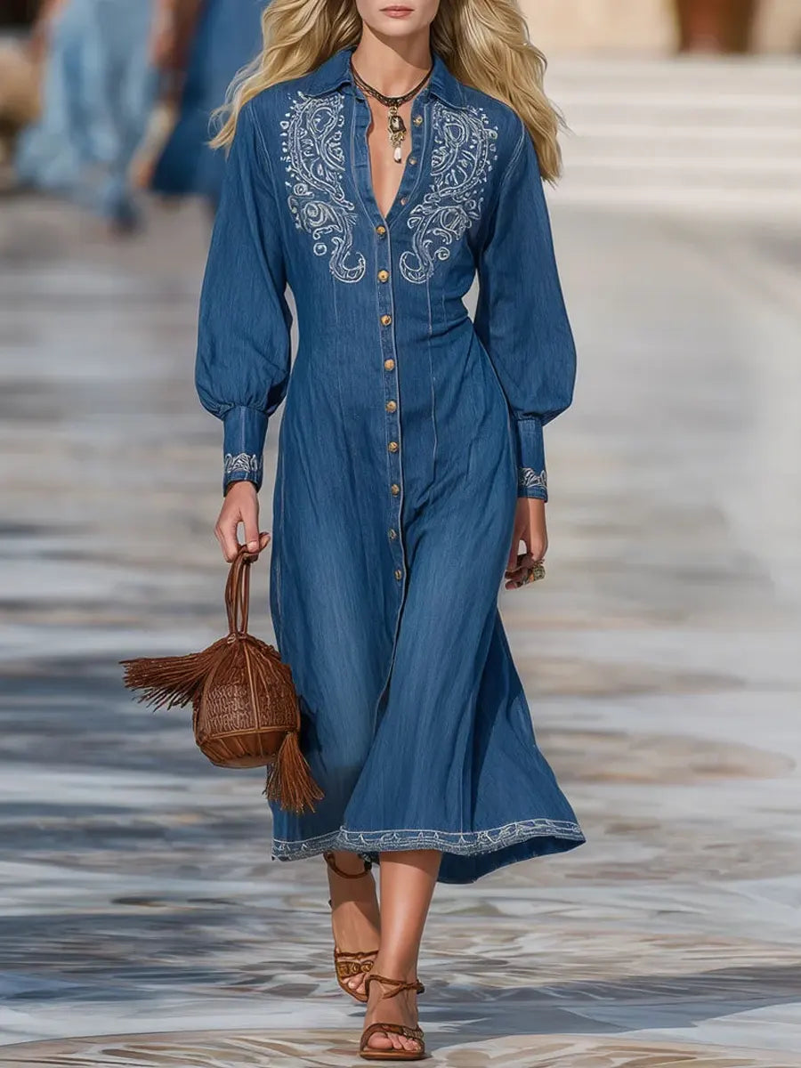 Women's Retro Floral Art Stylish Casual Button Denim Dress