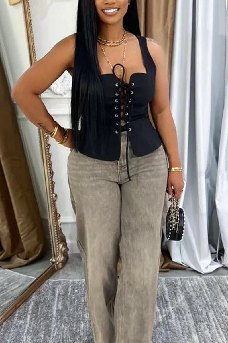 Women Square Neckline Interspersed with Drawstring Sexy Casual Top