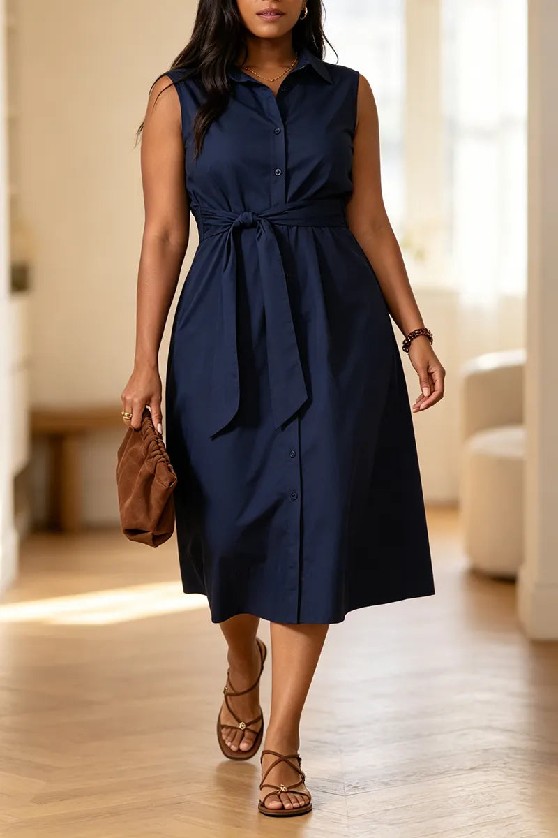 Women Collar Solid Color Breasted Elegant Casual Midi Dresses