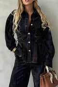 Women's Printed Contrast Lace-Up Denim Jacket And Jeans Sets