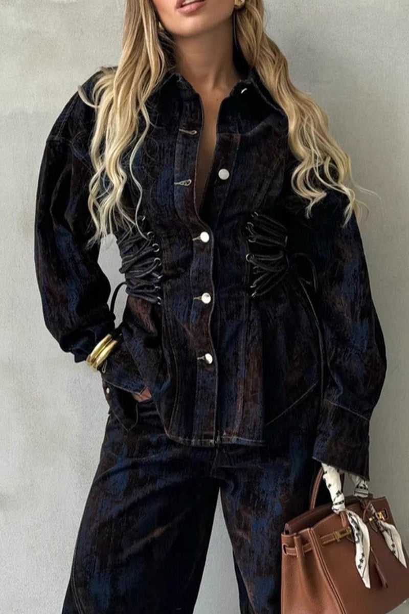 Women's Printed Contrast Lace-Up Denim Jacket And Jeans Sets