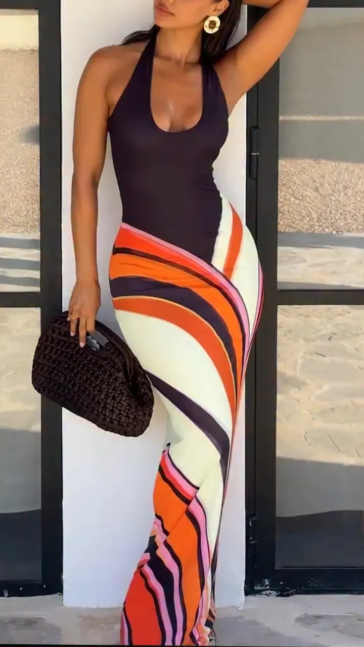 Women Neck Hanging Sleeveless Slim Fit Patchwork Printed Casual Vacation Style Dress