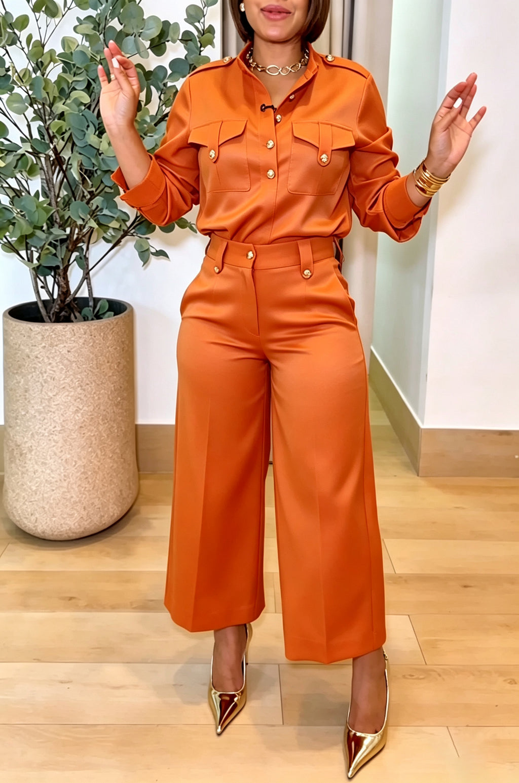 Women's Fashion Commuter Button Shirt Pants Two-Piece Set