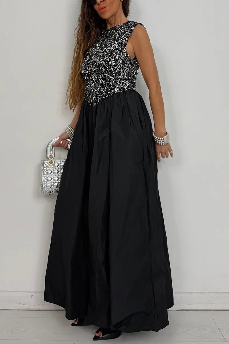 Women's Formal Evening Gown with Sparkly Sequin Top and Full Skirt