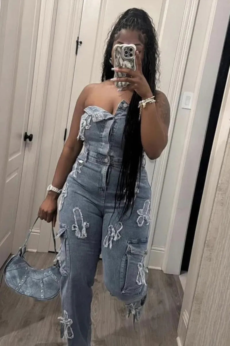 Hot Selling Sexy Strapless Denim Workwear Jumpsuit For Women