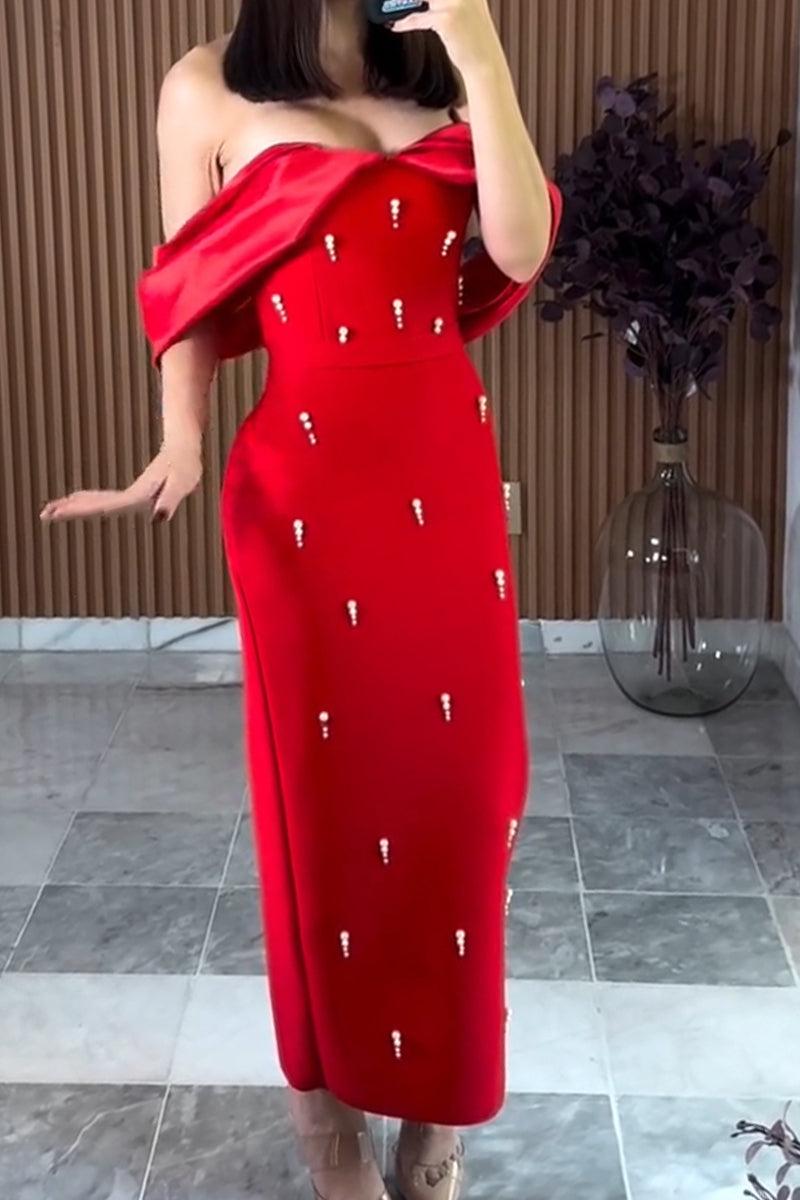 Women's Elegant Off Shoulder Beaded Strapless Maxi Dress