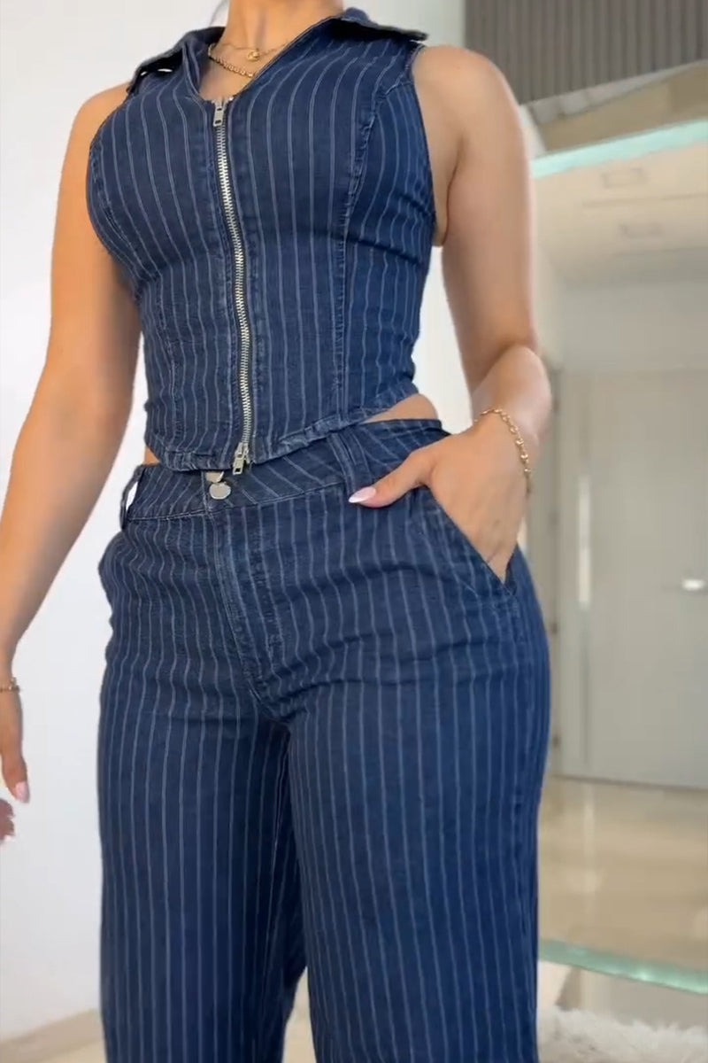 Women's Casual Stripe Zipper Vest or Wide Leg Jeans