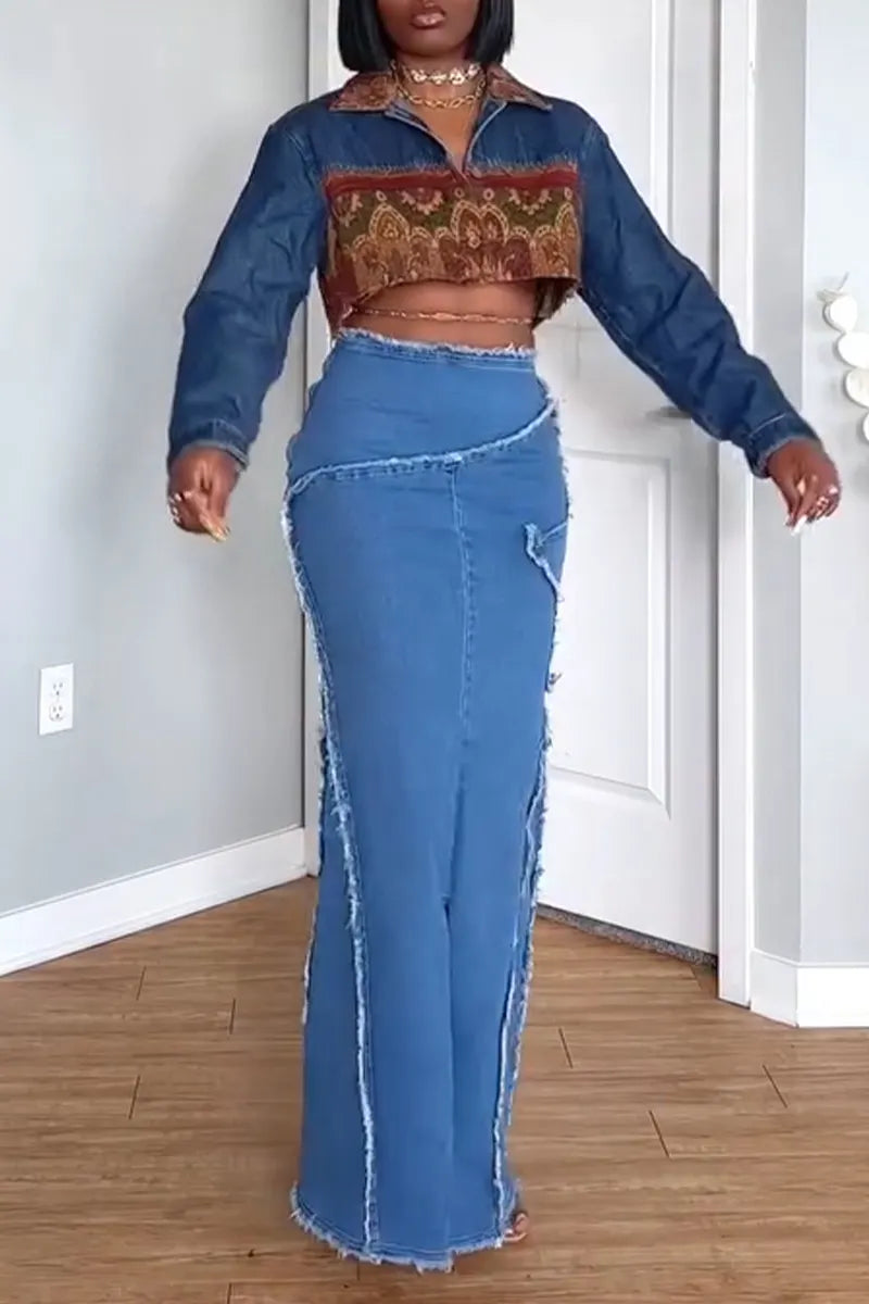 Women's Fashion Pattern Panel Cropped Denim Jacket or Denim Skirt