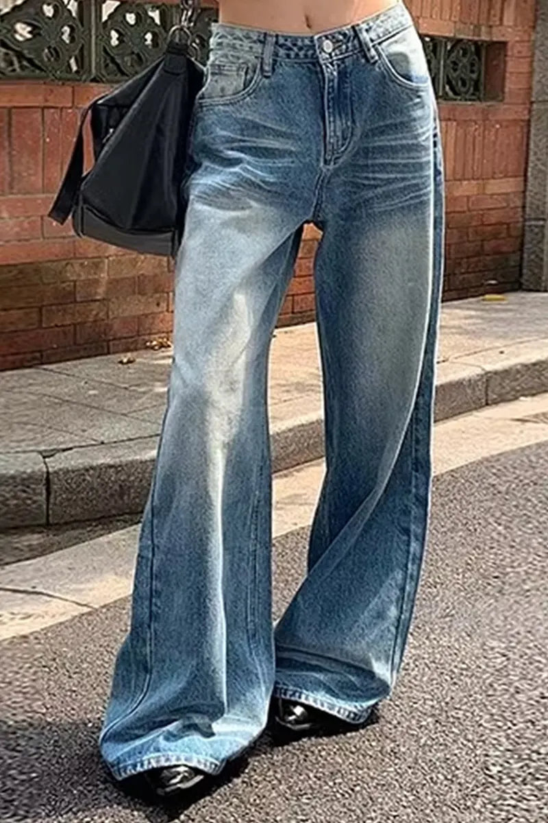 Women's Casual Pleated Wide Leg Denim Pants With Pockets