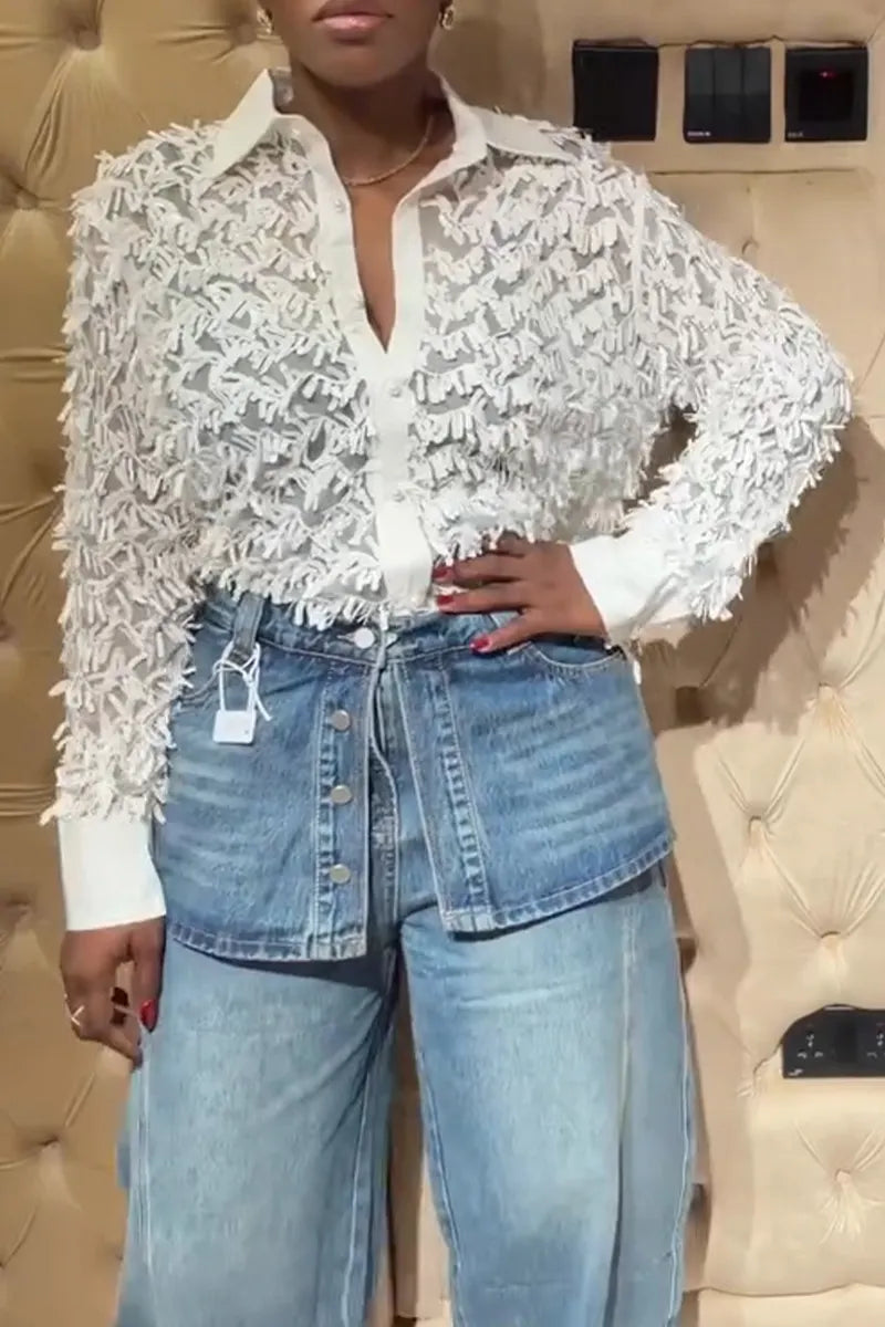 Women Collar White Tassel Plush Collar Shirt