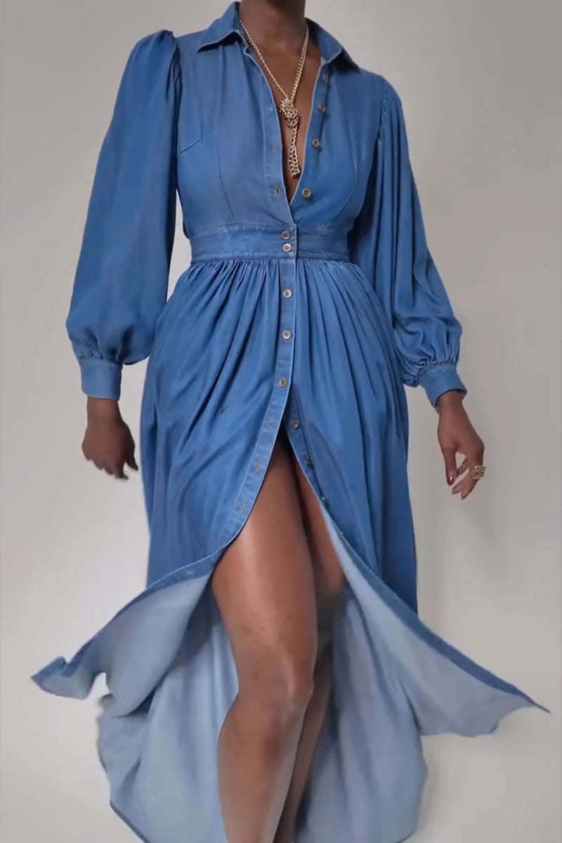 Women's Fashion Puff Sleeve Backless Single-Breasted Button Denim Maxi Dress