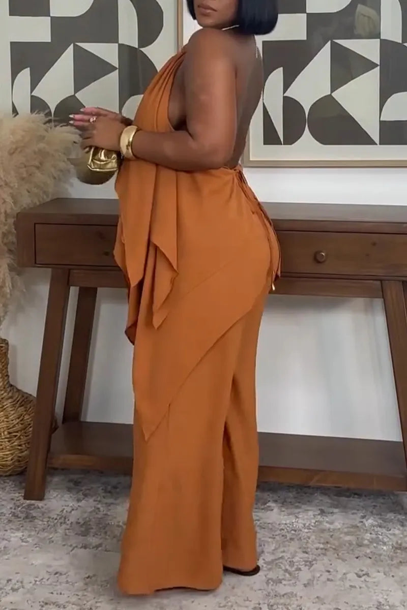Women's Casual Layered Flounce Backless Jumpsuit