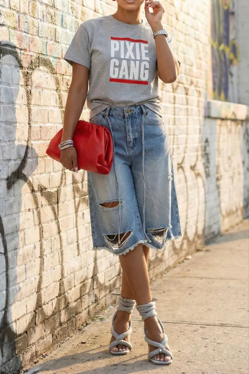 WomenHigh Waist Front Drawstring Destroyed Ripped Raw Frayed Hem Wide Leg Denim Bermuda Capri Shorts