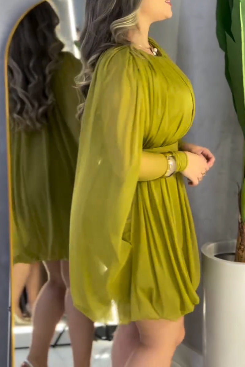 Women's Elegant Pleated Mesh Capelet Mini Dress with Belt