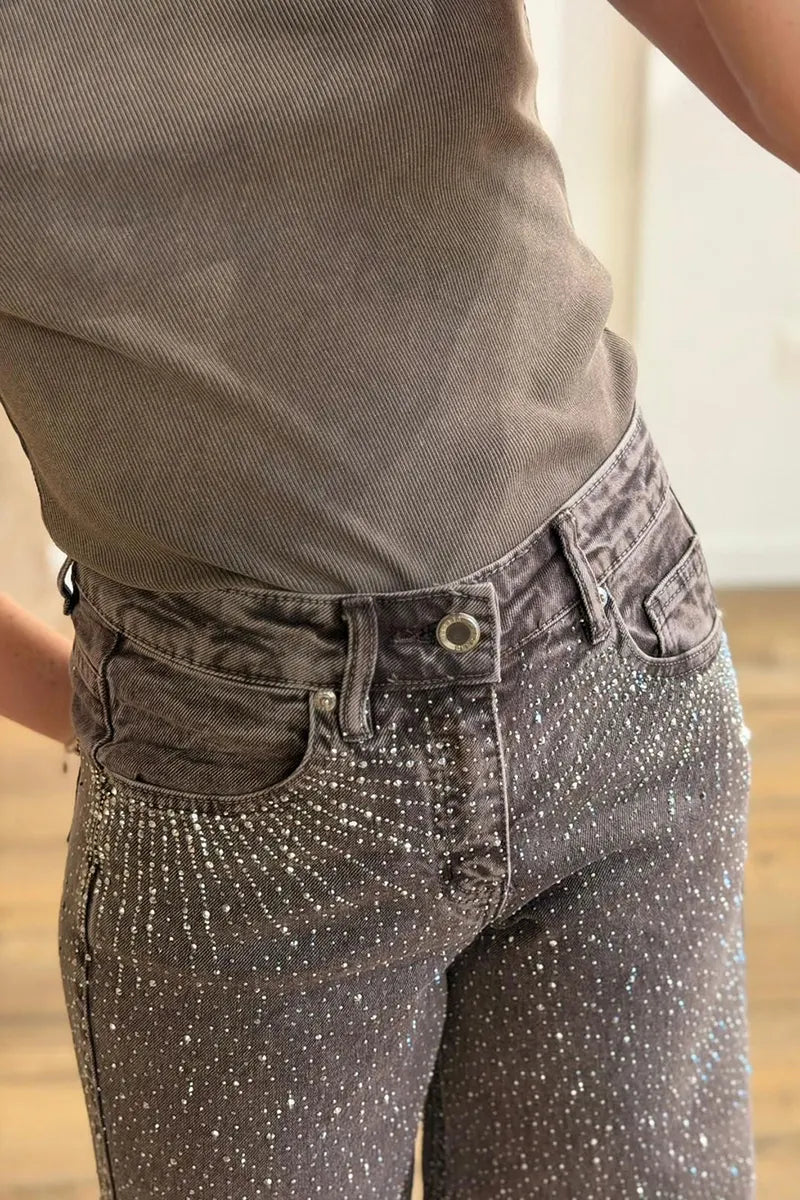 Women's Fashion Firework Pattern Rhinestone Trim Cropped Jeans