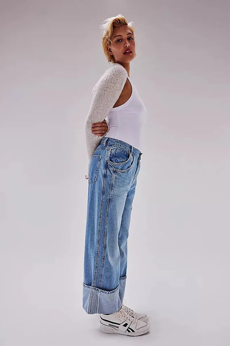 Women's Vintage Wash Mid-Rise Turn-Up Jeans