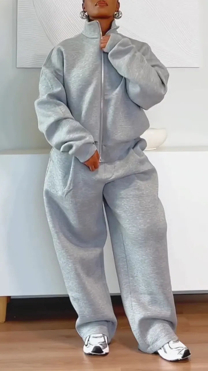 Women Standing Collar Jacket+ Pants Sports and Casual Suit